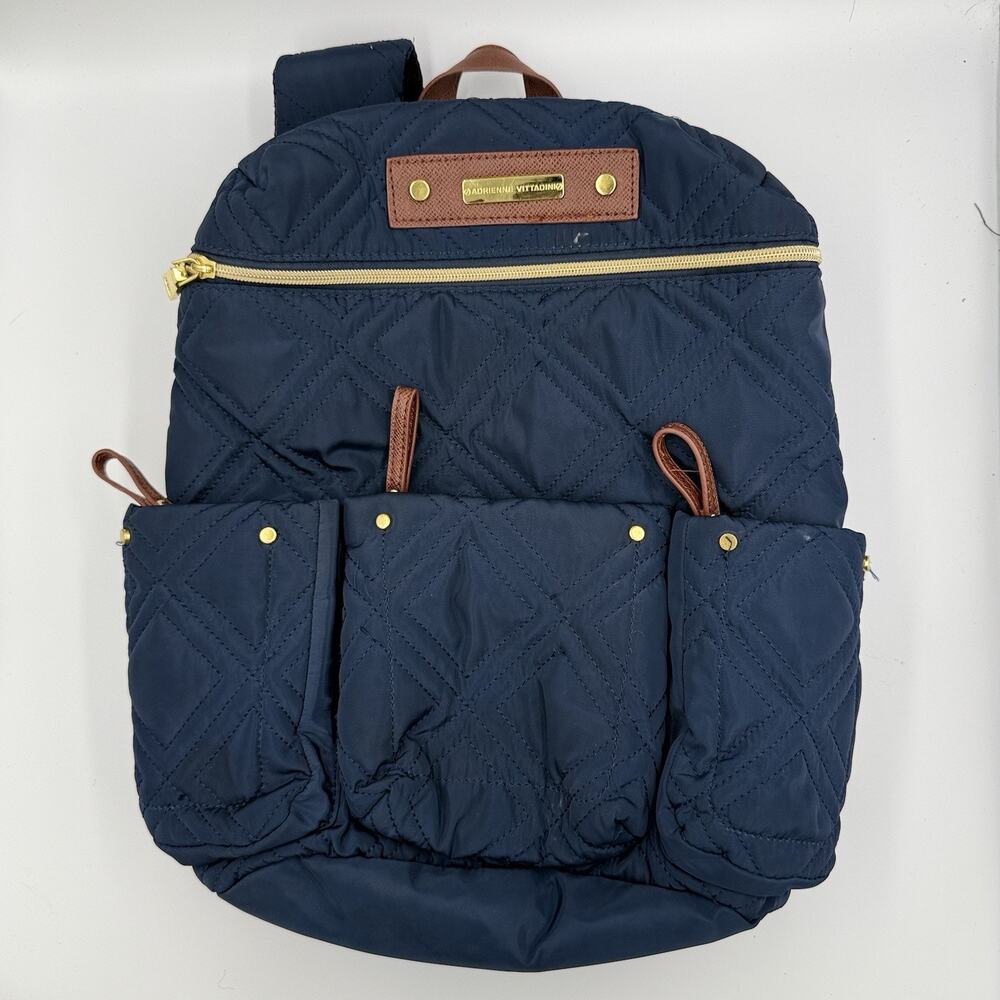 Adrienne Vittadini Navy Quilted Backpack Brown Trim Gold Hardware Multi Pocket